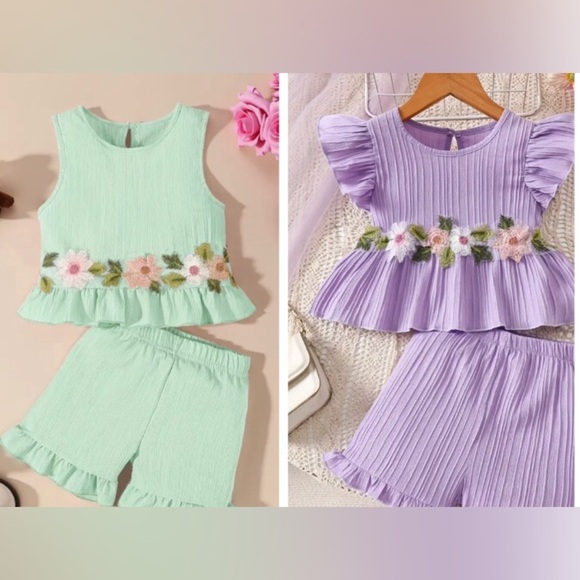 Baby Girl 12-18 m Floral Embroidered Two-Piece Sets Mint& Lavender Summer Shorts - Picture 1 of 12